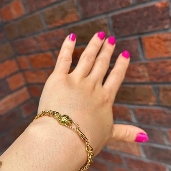 Serpenti Green Eyes Snake 18K Gold Stainless Steel Waterproof Chain Bracelet - Picture 15 of 17